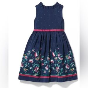 Janie and Jack Floral border dress Navy satin girls Dress EUC size 5
